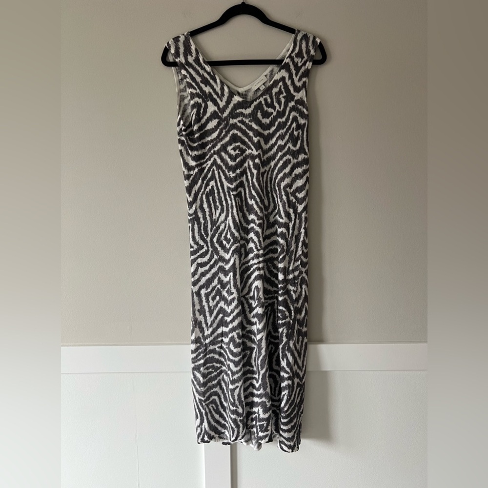 Kinross 100% Linen Zebra Print Midi Dress S Black White V Neck Sleeveless